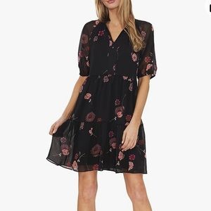 CeCe floral black mini dress long sleeves chiffon elastic cuffs flowy sk…
